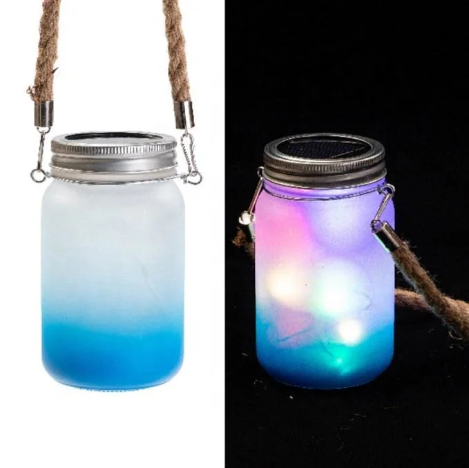 15 Oz 500 Ml Gradient Glas Frosted Sublimation Fairy Mason Glas mit LED wasserdichte Solar Lid Licht und Hanfseil Griff