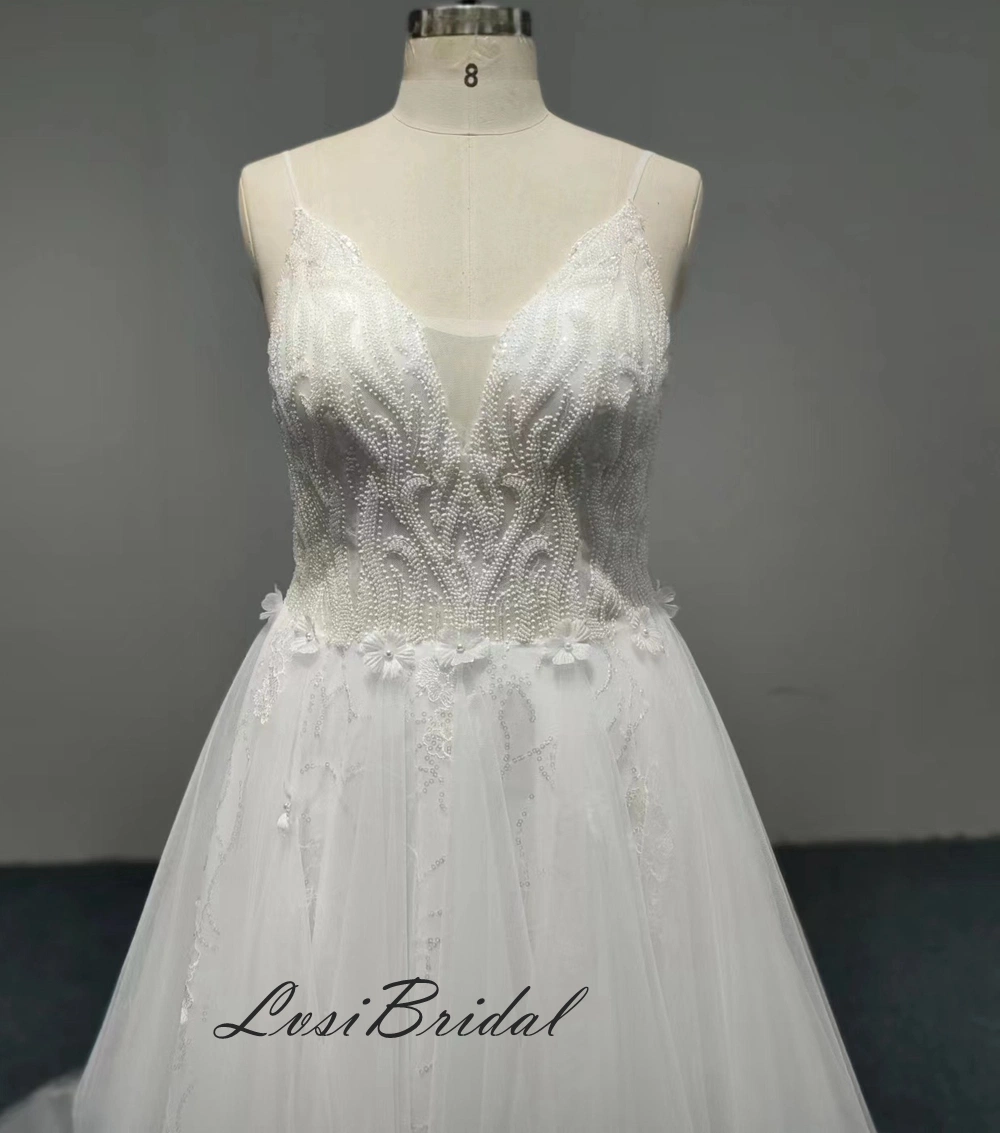 2023511 V Neckline Spaghetti Straps Heavy Beads Bodice Wedding Dress Lotus Leaf Tulle Skirt Bridal Dresses with Long Train Evening Dress with Wholesale