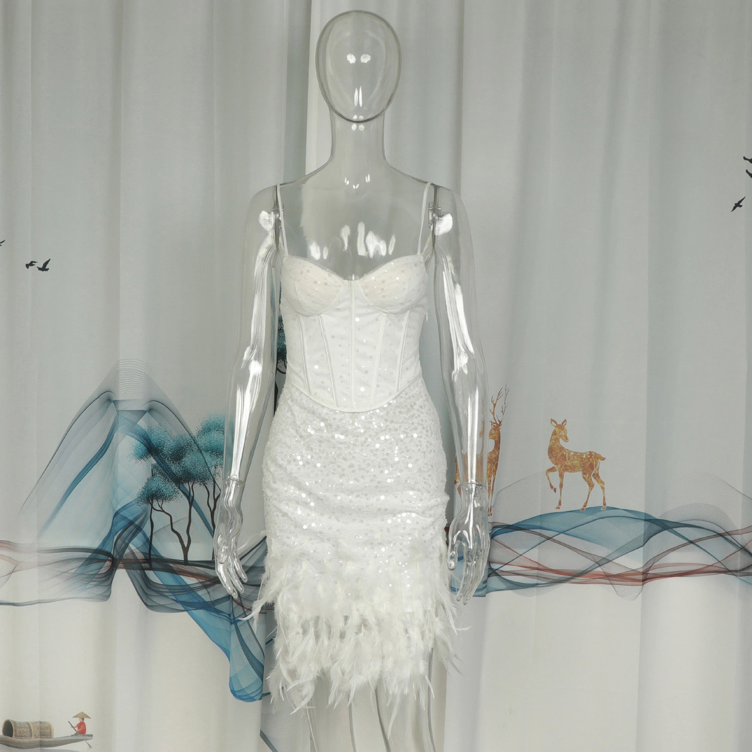 Tira de penas brancas Sequin Lady Dress Fashion Party curta Vestido