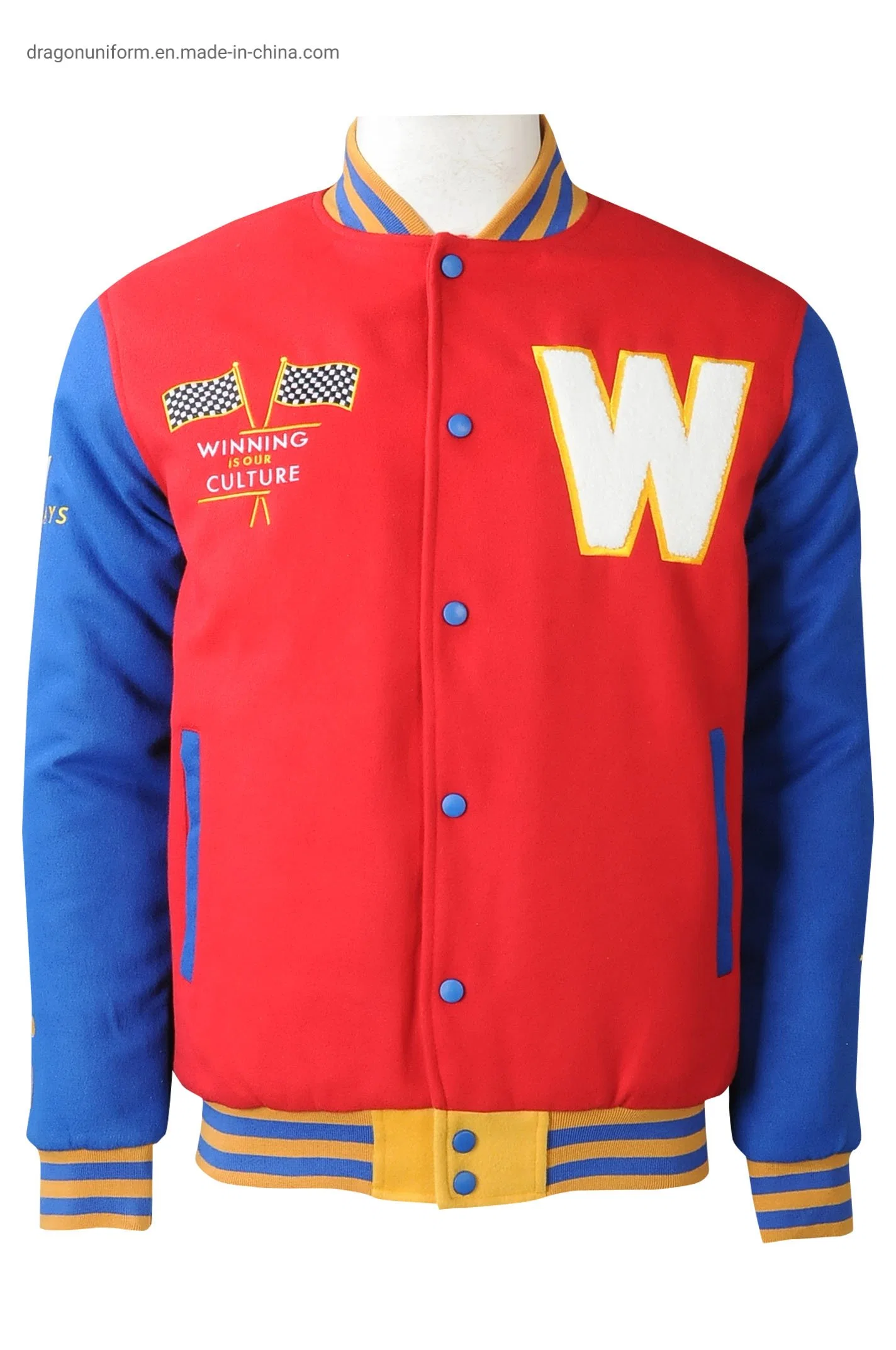 Custom Logo Red and Blue Embroidered Bones Designer Button Baseball Bomber Men Varsity Jackets Custom Varsity Jackets