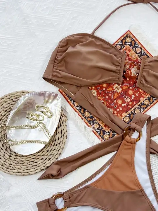 As mulheres de venda quente Anel Sexy Empurre para cima Patchwork Corte Alto Bikini Definir Swimsuit Backless Verão roupa de banho Brown Halter calções de banho