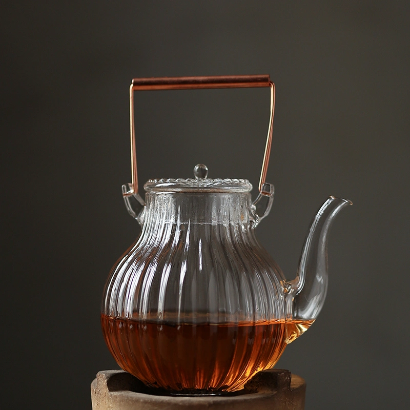 850ml Pyrex Borosilicate Glass Tea Kettle Pot with Glass Filter and Copper Handle