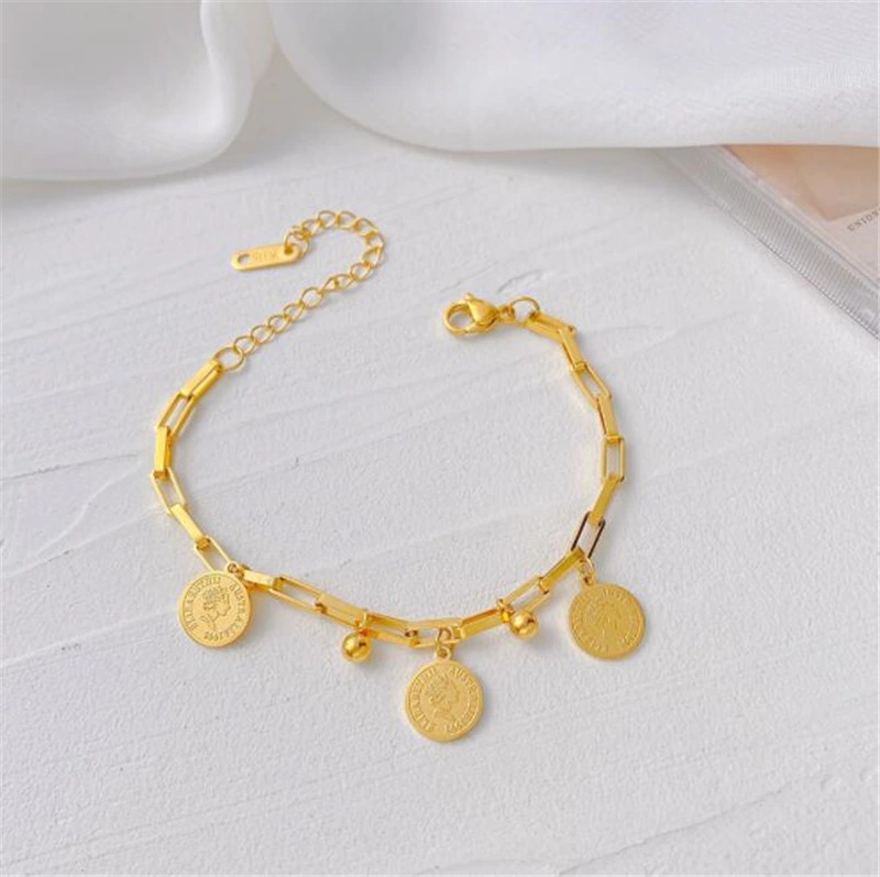 La mujer Retro Punk gótico moneda retrato joyas pulsera de Acero Inoxidable Colgante de oro en capas de pulsera