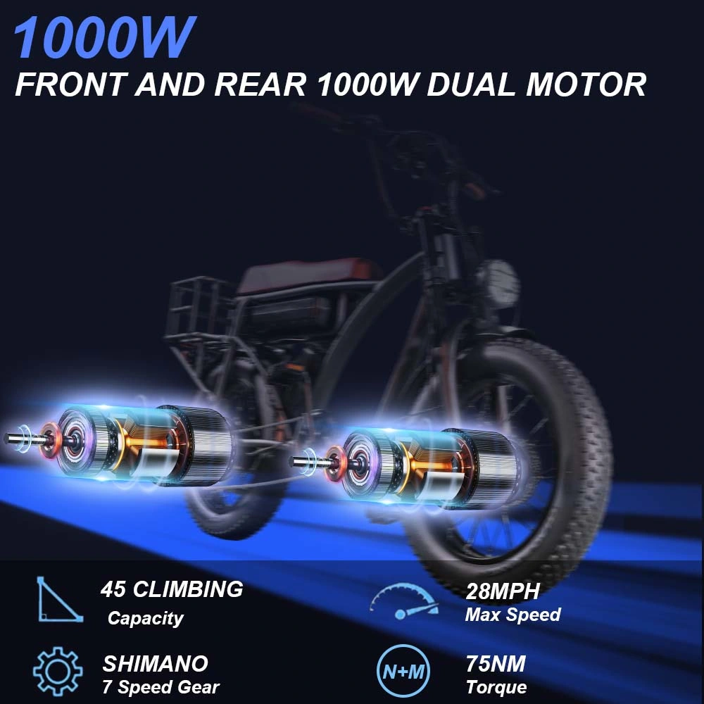 OEM High quality/High cost performance  Electric Bike Dual Hub Motor 1000W Ebike with 20X4.0 Fat Tire Electric Bicycle