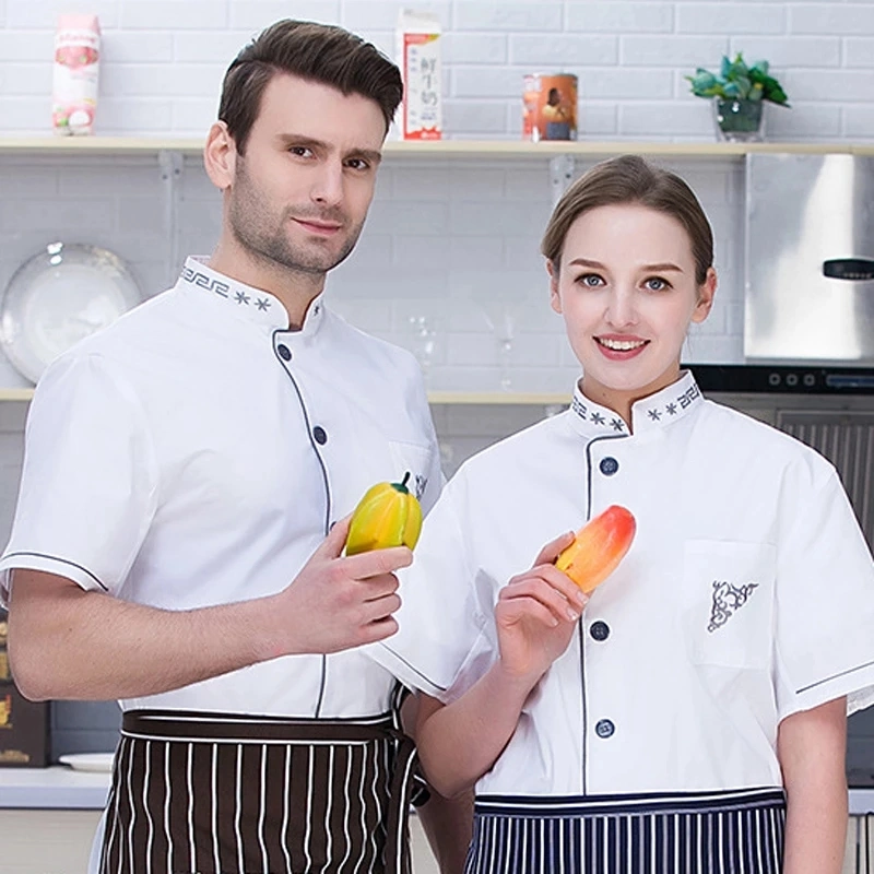 Chaqueta de Chef Botón Hombres Mujeres cocinero camisetas de manga corta