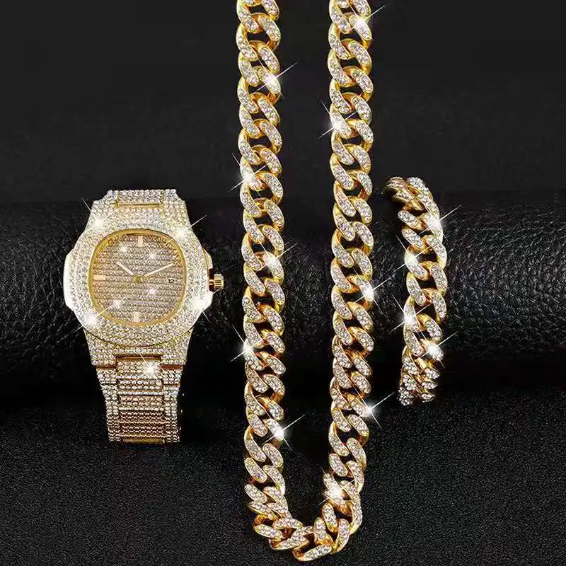 Hiphop montres hommes chaîne cubain Gold hors glacé strass pavée hommes montre avec bracelet Set Watch pour les hommes montres Don