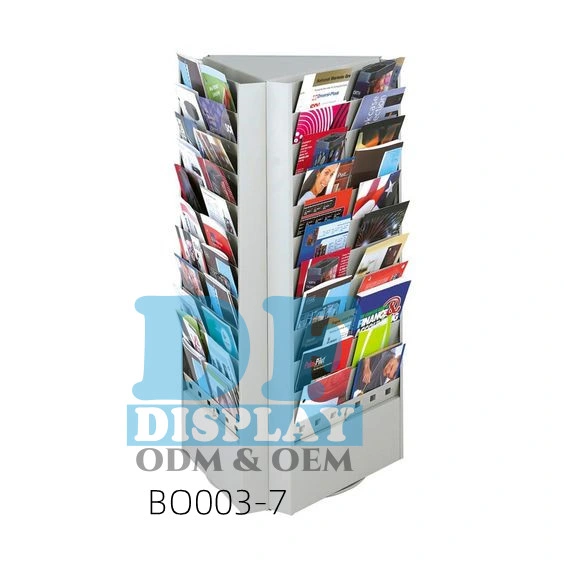 Removable 4 Side Revolving Slotwall Wood Book Magazine Brochure Display Stand with Wheels Metal Display Rack