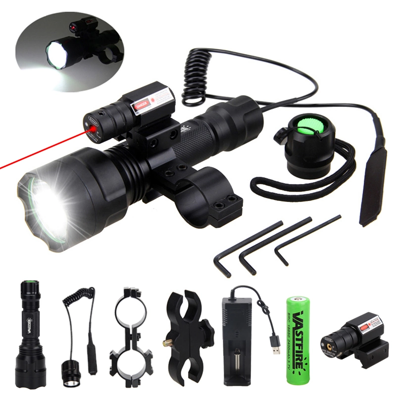 Tactical Hunting Flashlight C8 LED Rifle Gun Light+Laser DOT Sight Scope+Switch+2*20mm Rail Barrel Mount+18650+Charger Flashlight