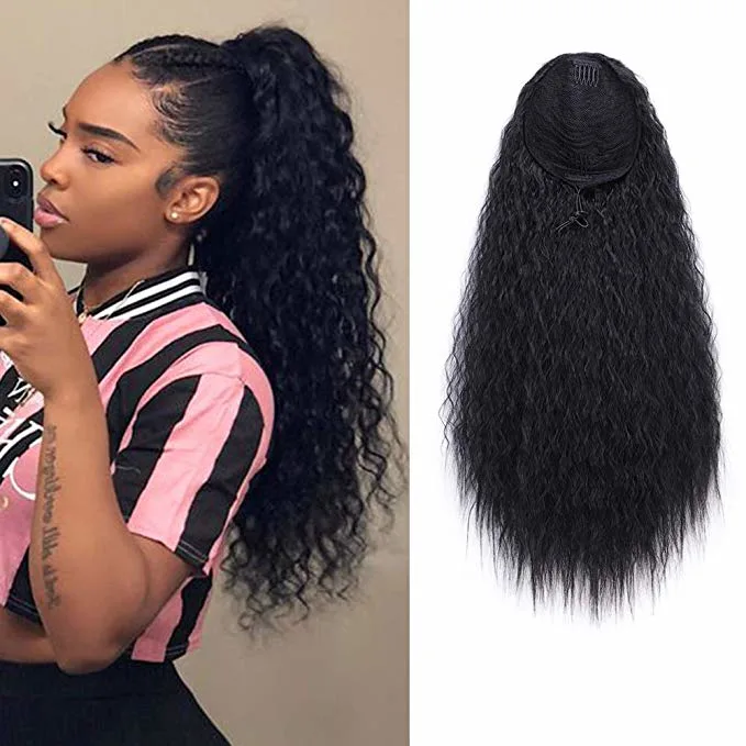 Kbeth Human Hair Extension Long Curly Drawetring Ponytail Black Synthetic Yaki Curly Drawstring Ponytail Hair Extensions for Black Women 1b Color