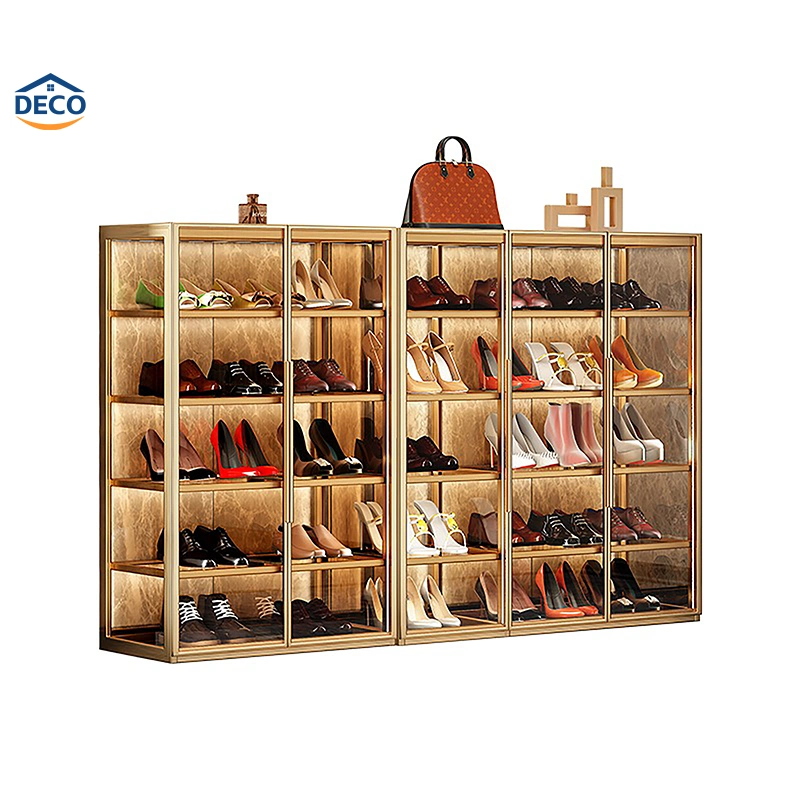 Mobiliario de sala de estar de cristal de lujo Shoe Rack Puerta Display Caja de zapatos de exhibición con luz LED