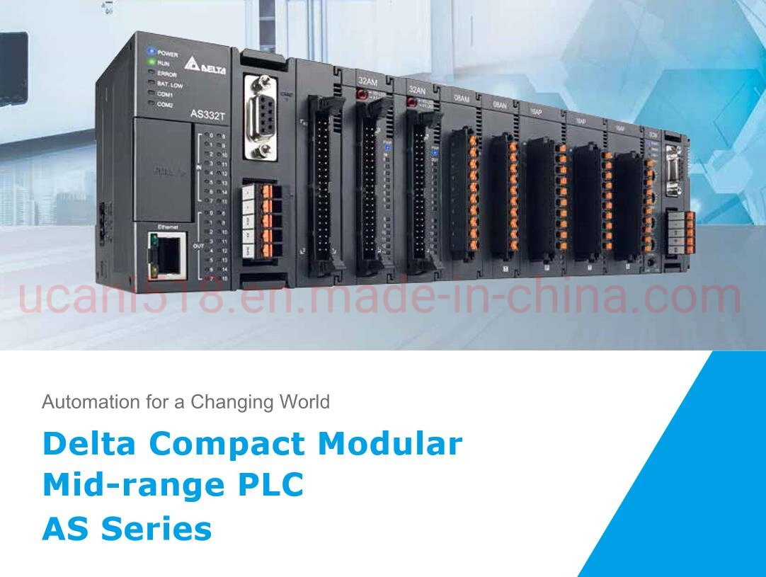 As332t-a/16di, 16do (NPN), 6 grupos de entrada de fase AB de 200K, 6 eixos de saída de fase AB de 200K, capacidade de 128 K, porta Ethernet incorporada, RS485X2, cartão Micro SD,