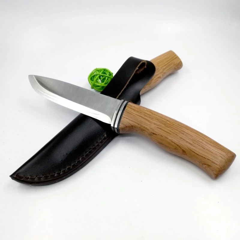 Cuchillo de hoja fija de madera de 9.5 pulgadas para caza, camping y actividades al aire libre con funda de cuero