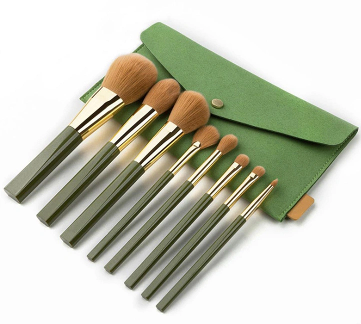 New Style 8PCS Makeup Brush Green Color Cosmetic Bag Brush Suit Wooden Handle Tube Wool Makeup Beauty Tool