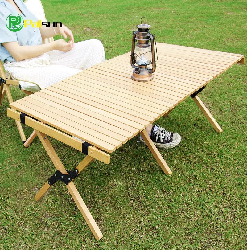 Popular Price Outdoor Camping Portable Folding Wooden Egg Roll Table Camping Picnic Foldable Table Sets