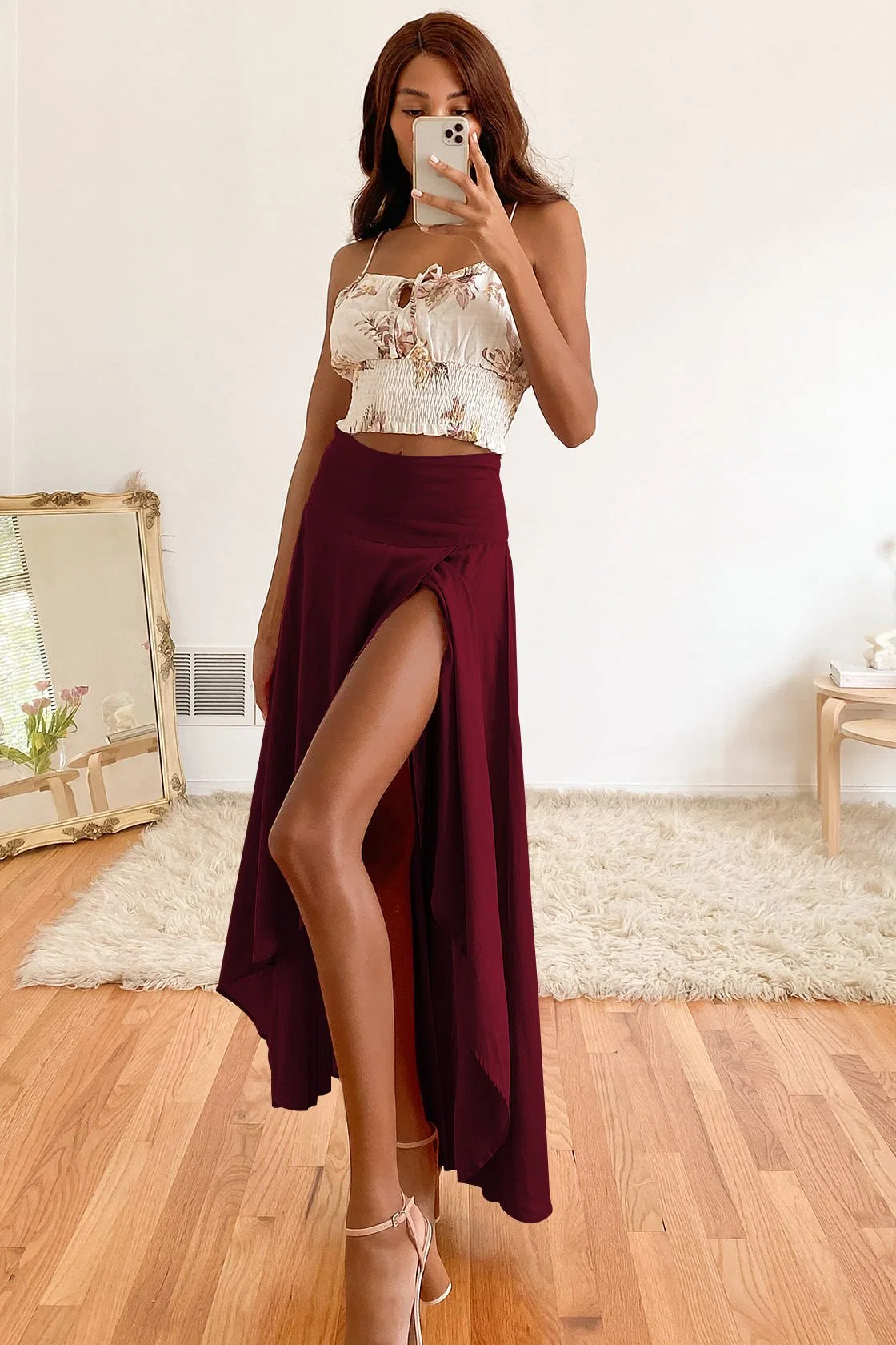 Women's High Low Maxi Skirts Asymmetrical Elastic High Waist Long Draped Tulip Hem Skirt