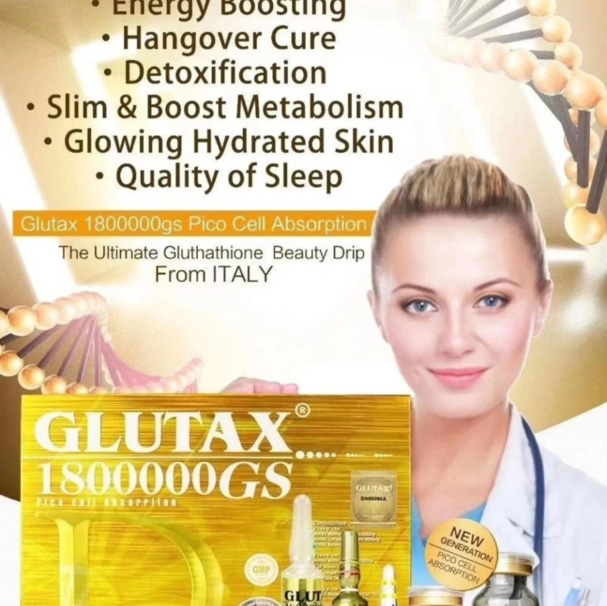 Blanchiment original Italien Glutax 1800000 cellules souches plus produit de blanchiment Glutathion injection soin de la peau Luthione Vtamin C fixe blanchiment d'éclaircissement Produits