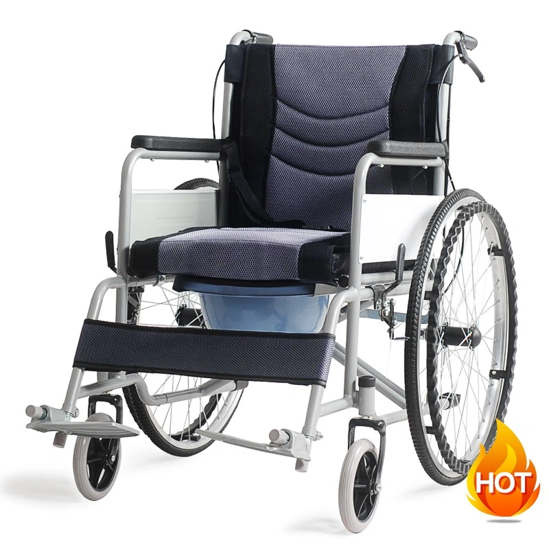 Portable Household Health Nursing Steel Frame Powder Coating Manual Commode Function Wheelchair with Handbrake