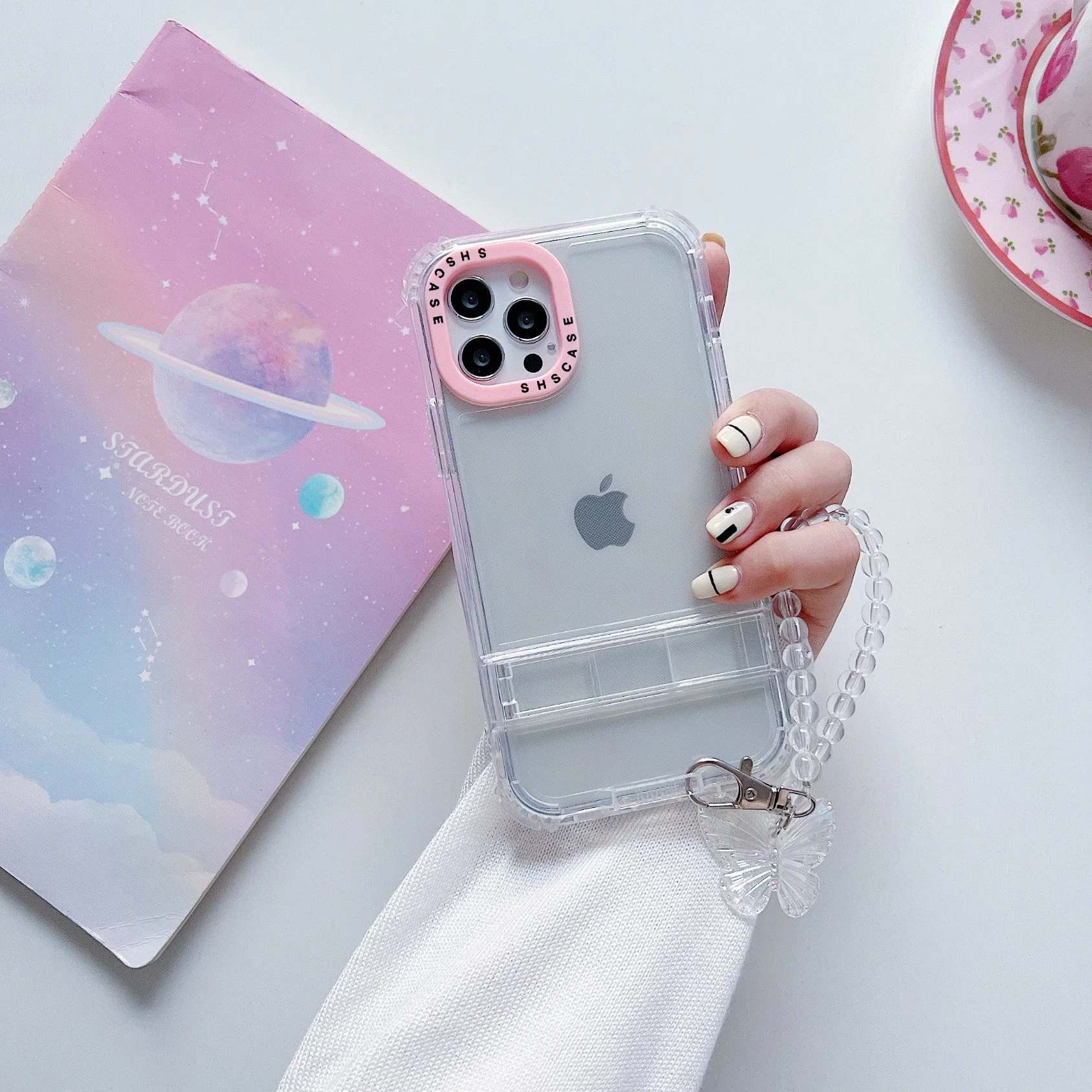 Colorful Camera Frame Clear Transparent Case for iPhone 15 with Butterfly Keychain