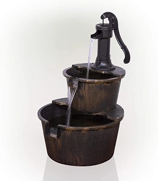 27" Tall 2-Tier Barrel and Pump Waterfall Fountain Bronze Finish