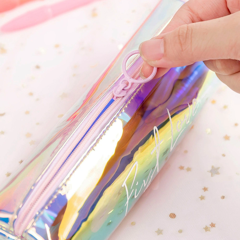 Laser Colorful Octagonal Pencil Case, Girl's Heart Multi-Function Storage Bag, Transparent Stationery Box