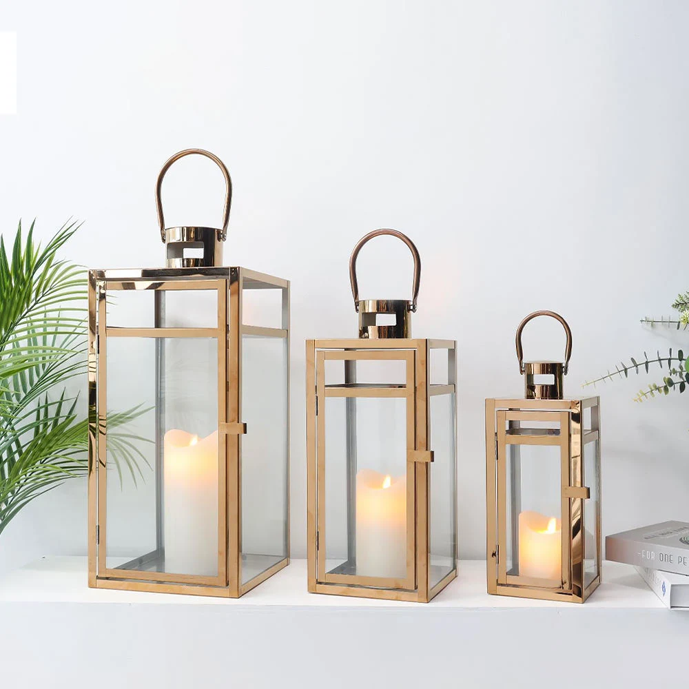 Set of 3 Luxury Rose Gold Lantern Candle Holder with Tempered Glass for Garden Hallway Wedding Decoration