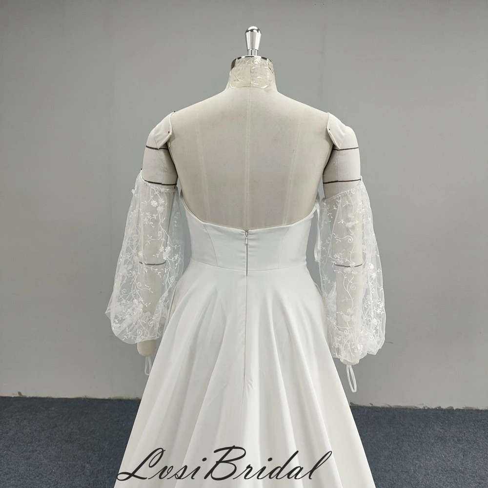 23011 Boat Neckline and Detachable Sleeve Wedding Dress Stretch Fabric Bridal Gown Dress with A-Line Front Split Skirt Dress Directly Bridal Factory Made