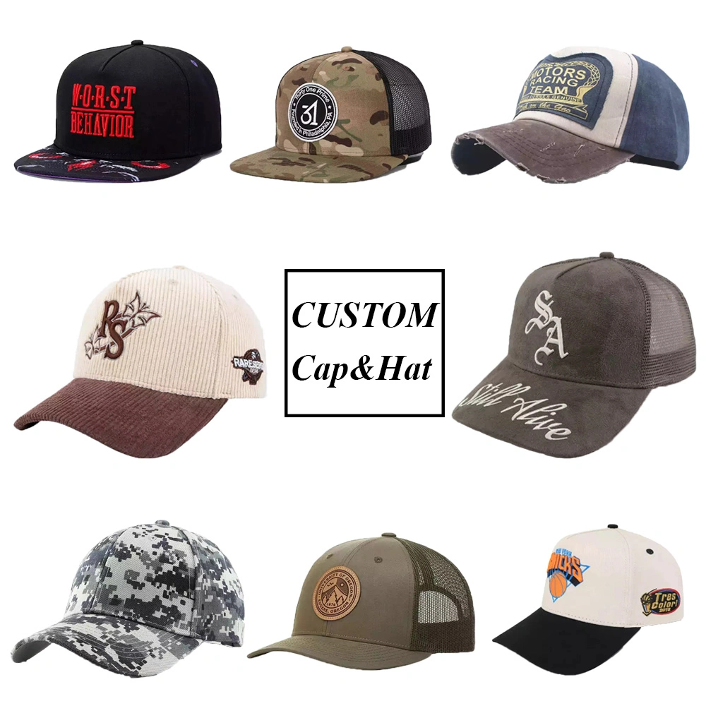 Custom Wholesale/Supplier Sport Polyester Corduroy Camo Washed Distressed Vintage Embroidery Patch Dad Golf Snapback Mesh Trucker Bucket Baseball Running Gorras Hat Cap