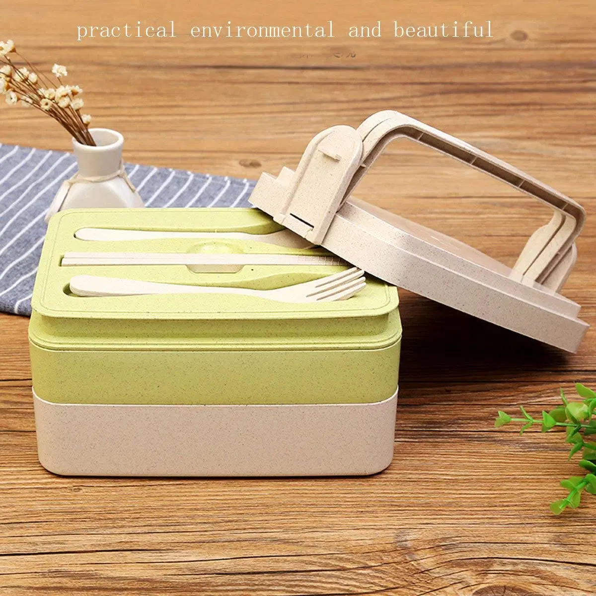 Lunch Bento Box Food Storage 2 Rectangle Containers for Adults School Work Wheat Grass BPA Free Leak Proof with Chopsticks and Spoon