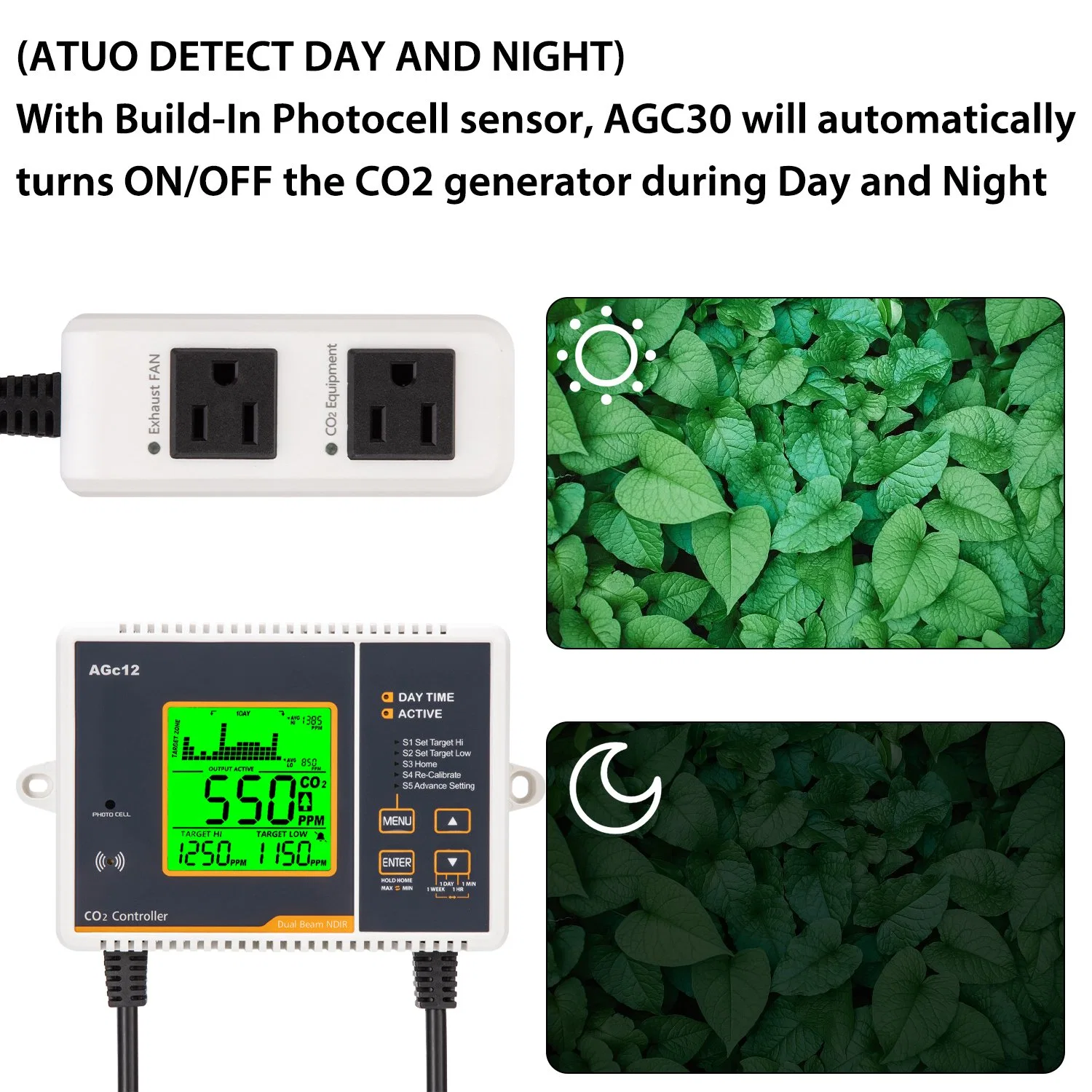 CO2 Controller Tag/Nacht-Sensor mit großer LCD-Anzeige für Gewächshaus Hydrokultur Indoor Garten