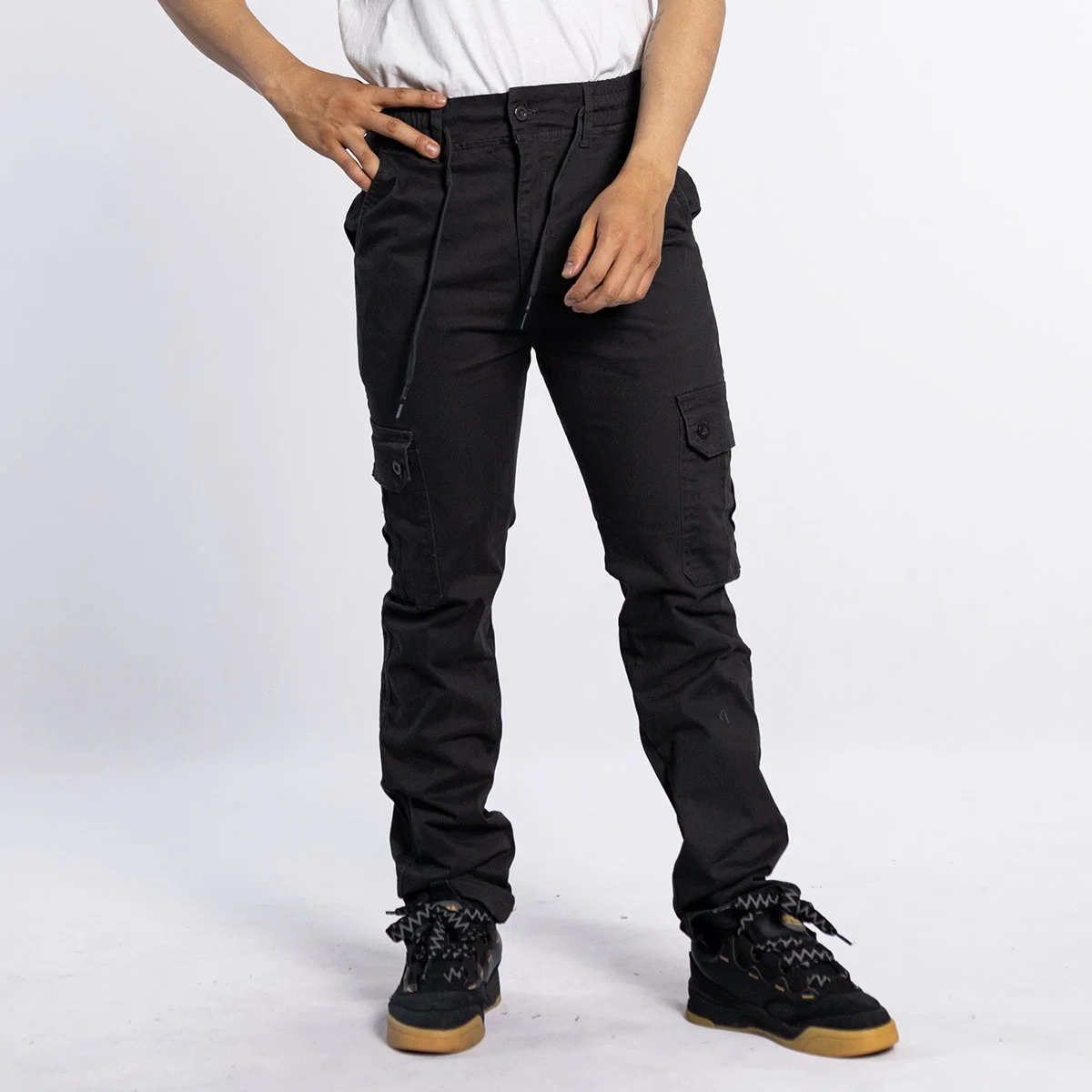 Custom European Style Elastic Waist Black Straight Fashion Men Cargo Pants