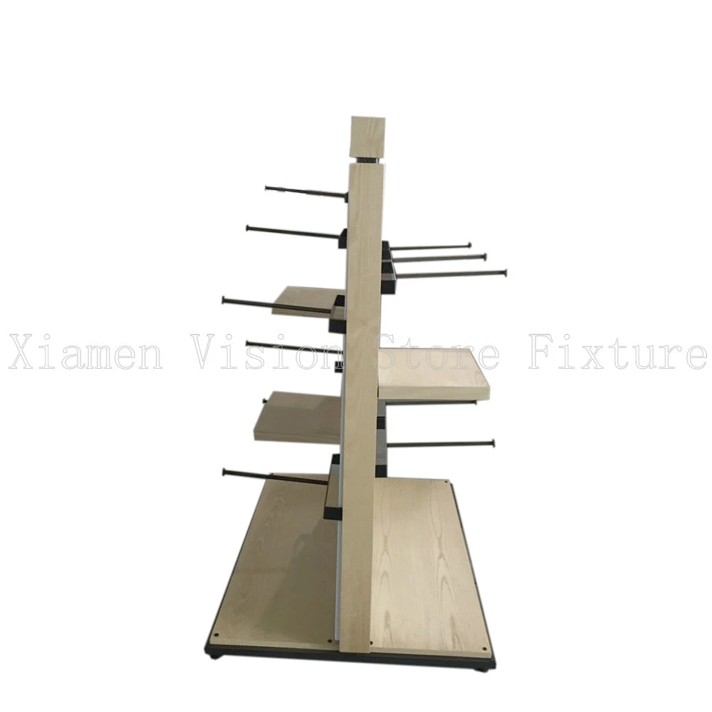 Customized Size Wooden Display Rack Metal Hang Hook Shelf Wooden Base