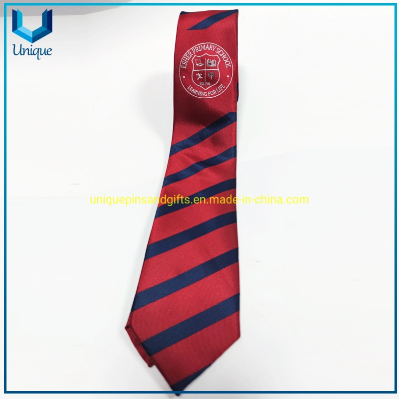 Navy Blue and Khaki Microfiber Striped Ties School Logo Embroidered Custom Tie