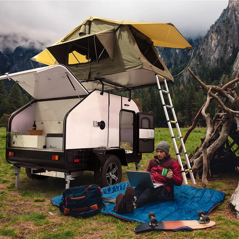 Travel Offroad Small RV Teardrop Caravan for Couple with Tent Kitchen