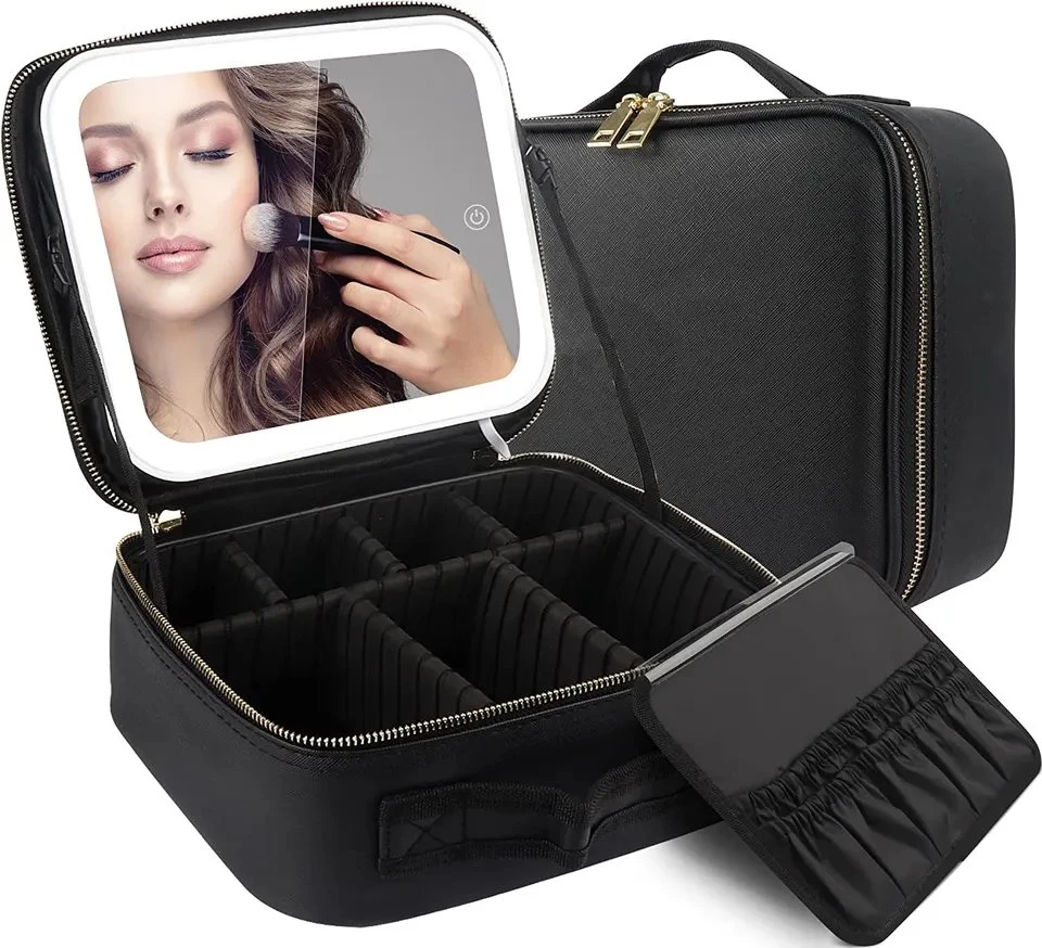 Los nuevos cosméticos de escritorio de gran capacidad de cuero resistente al agua la caja de almacenamiento portátil de viaje bolsa de maquillaje con espejo de luz LED