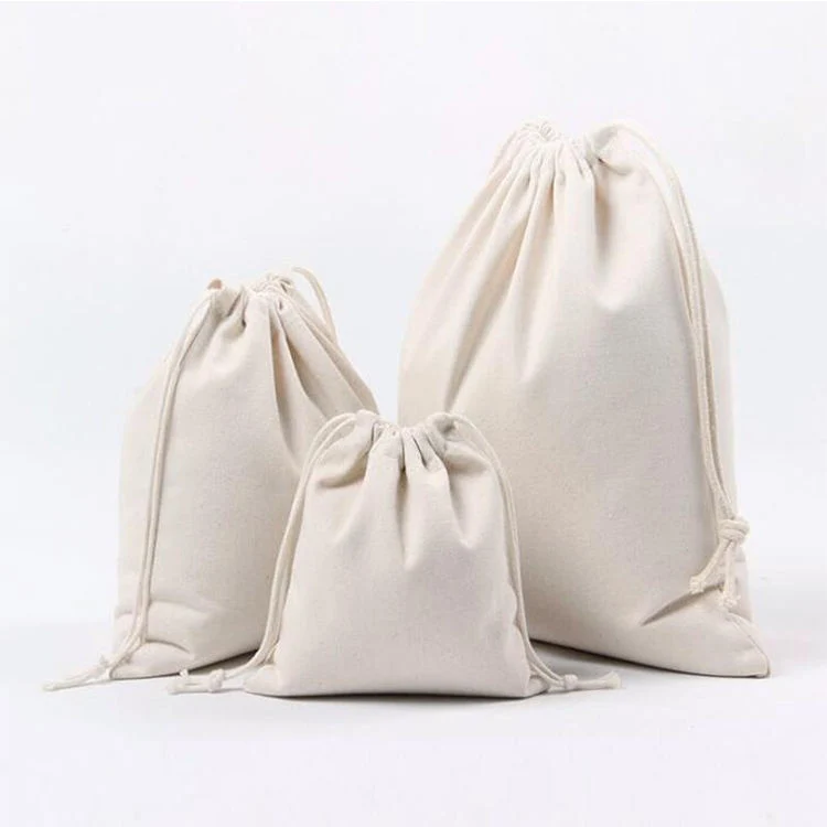 Custom Logo Small White Organic Canvas Bags Cotton Linen Drawstring Bag