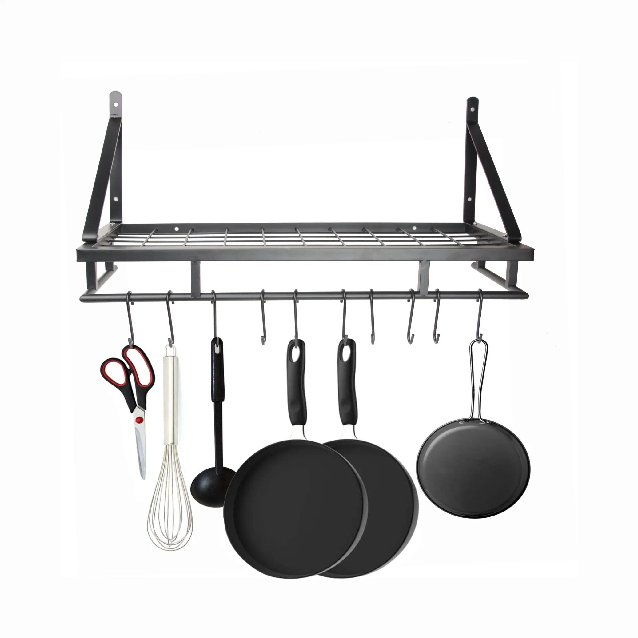 Wall Mount Pot Rack Storage Organizer 2 Tier Hanging Rails with 10 Hooks for Kitchen Cookware Utensils, Floating Shelves for Home Office