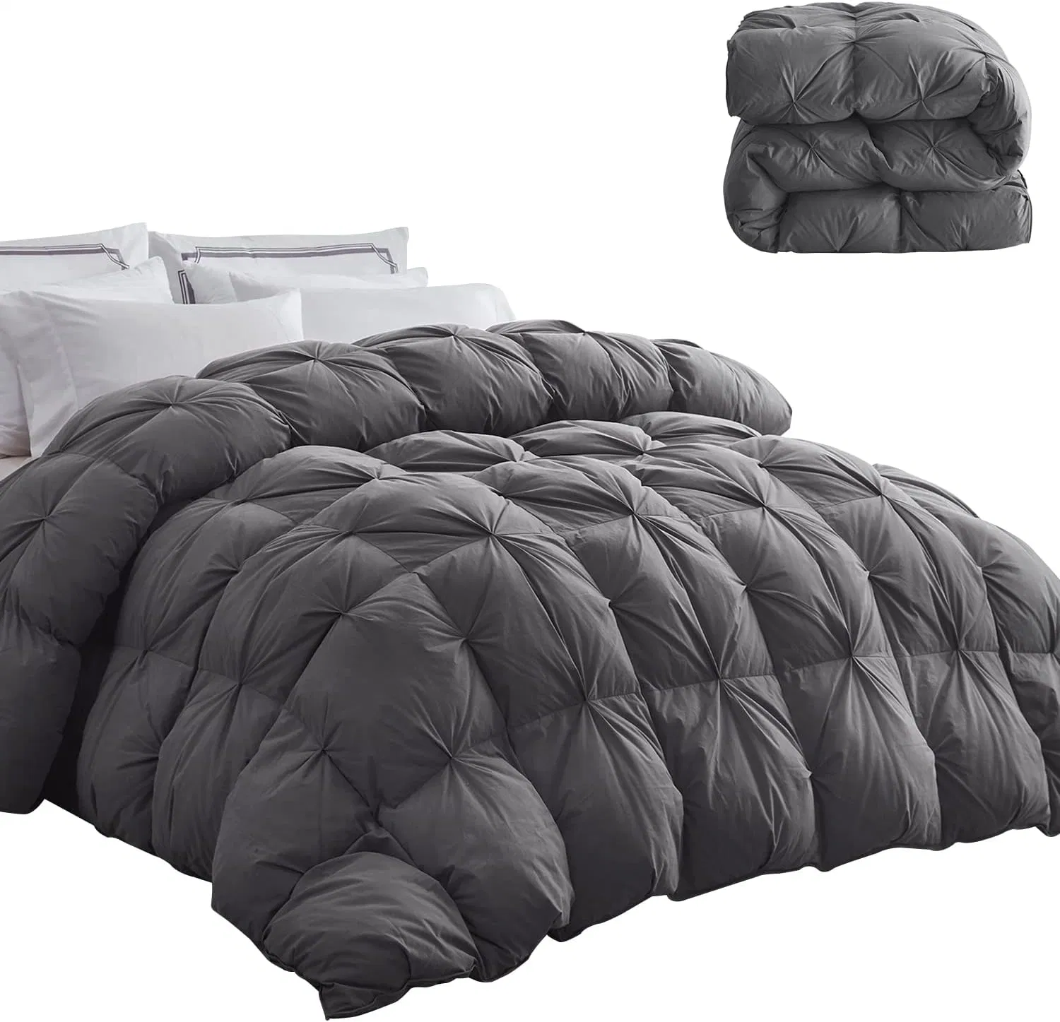 All-Season 75% Down Comforter Full Size, Fluffy Duvet Insert with 8 Corner Tabs, Durable Down Proof Cotton Blended Fabric and 3D Baffle Box Construction Grey