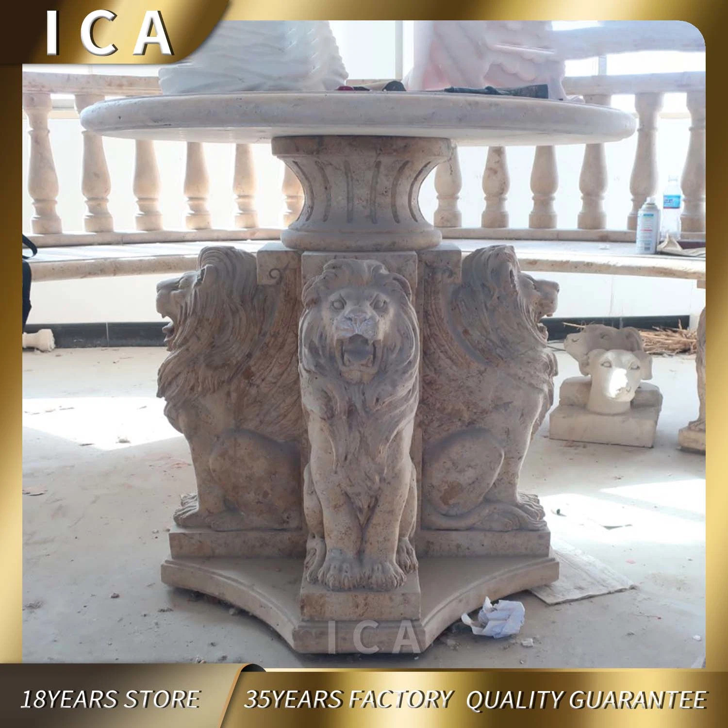 Marble Round Natural Yellow Table with Lion Statues Sale