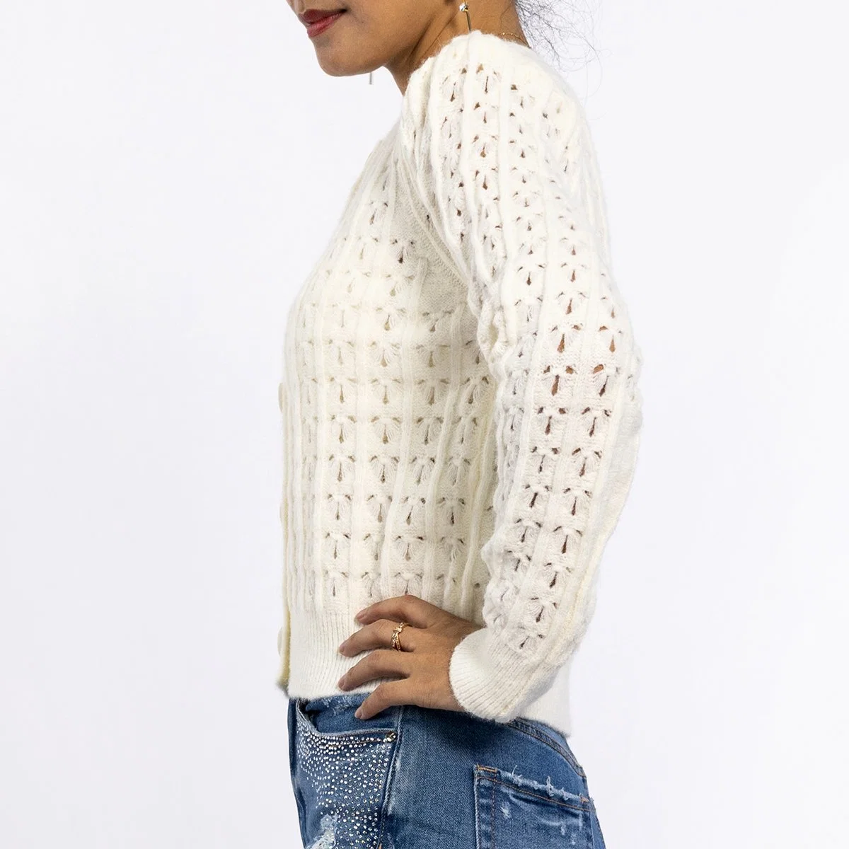 Women's Round Neck Hollow Crochet Knit Tops Shrug Shoulder Sweater White Cardigan