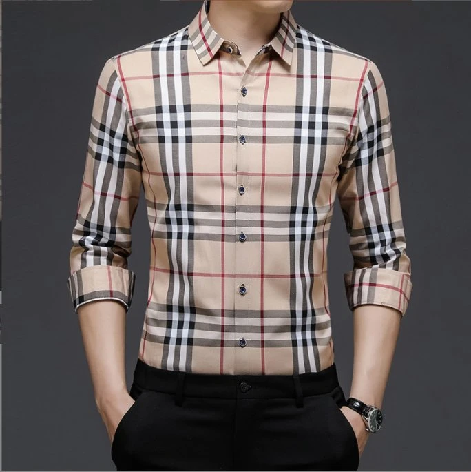 2023 New Long Sleeve Apparel Men's Youth Plaid Business Casual Loose Lapel Shirt Spot