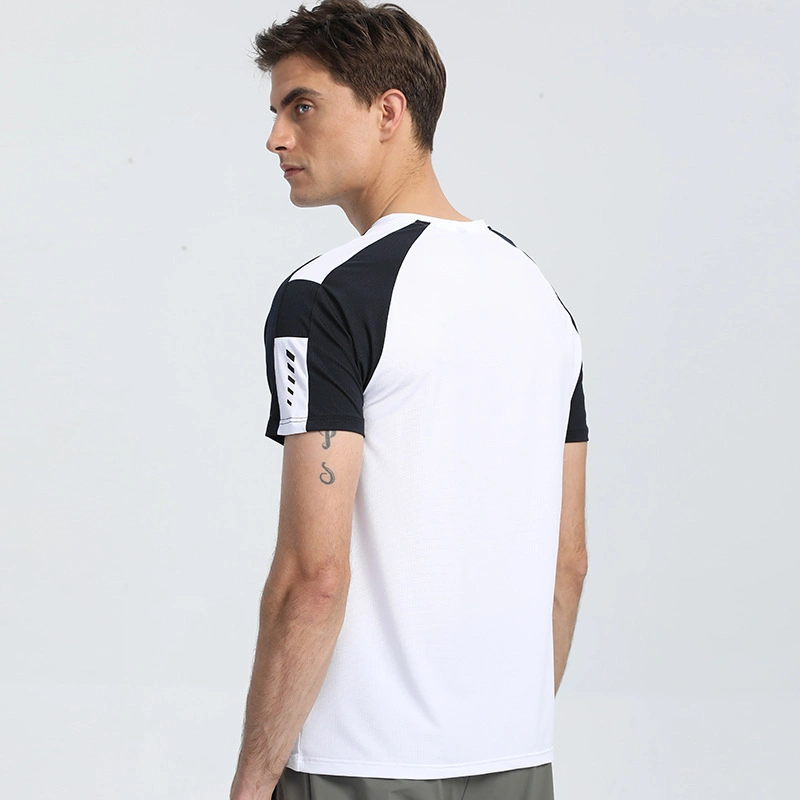 New Men's Round Neck Stitching Sports Top Printing Breathable Sweat-Absorbing Fitness Short-Sleeved Outdoor Summer Quick-Drying Shirts