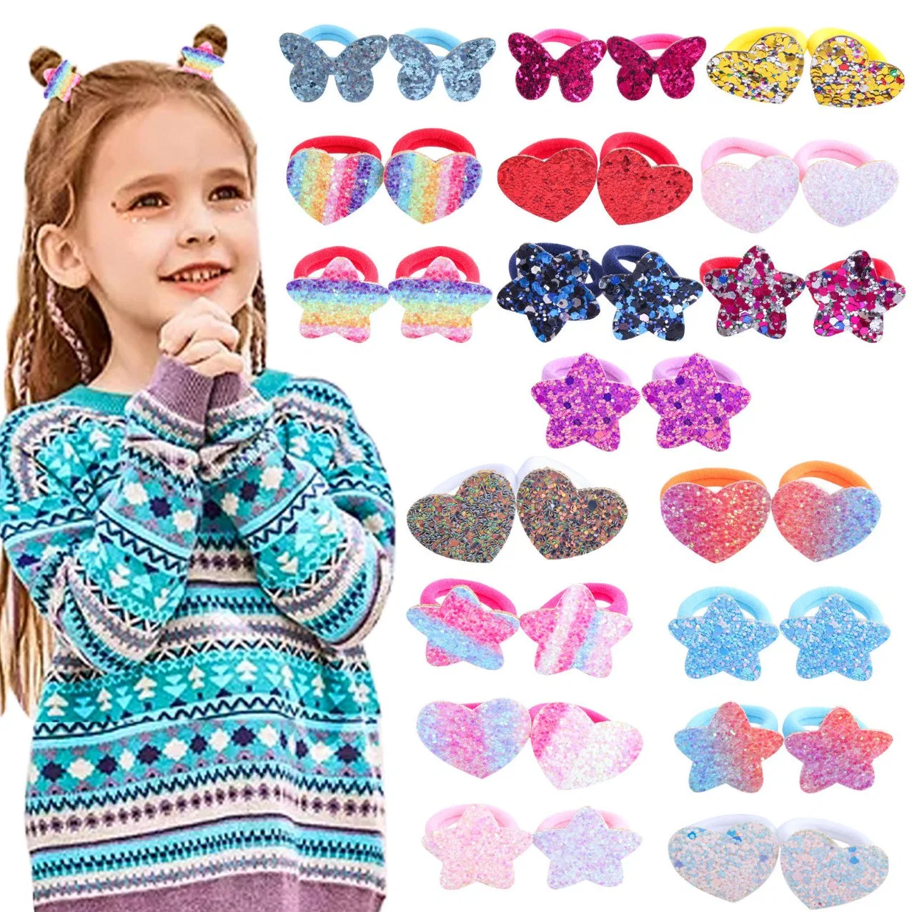 Cross-Border Factory Baby Girls High Elastic Rainbow Gradient Pentacle Heart Glitter Rubber Band