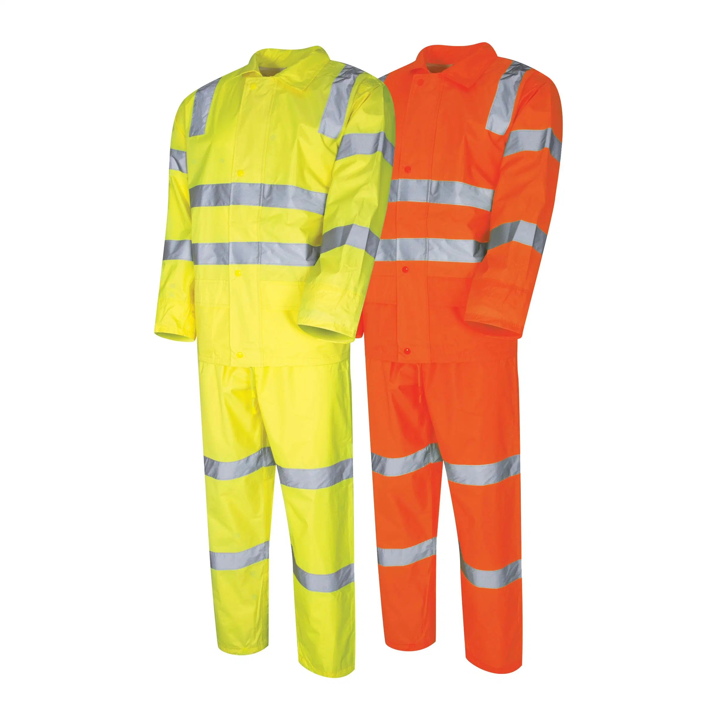 Erwachsene hohe Sichtbarkeit reflektierende Arbeitskleidung Regenkleidung Polyester PVC Hi Viz Safety Regenjacke Regenjacke mit Hose Wasserdichter Regenanzug