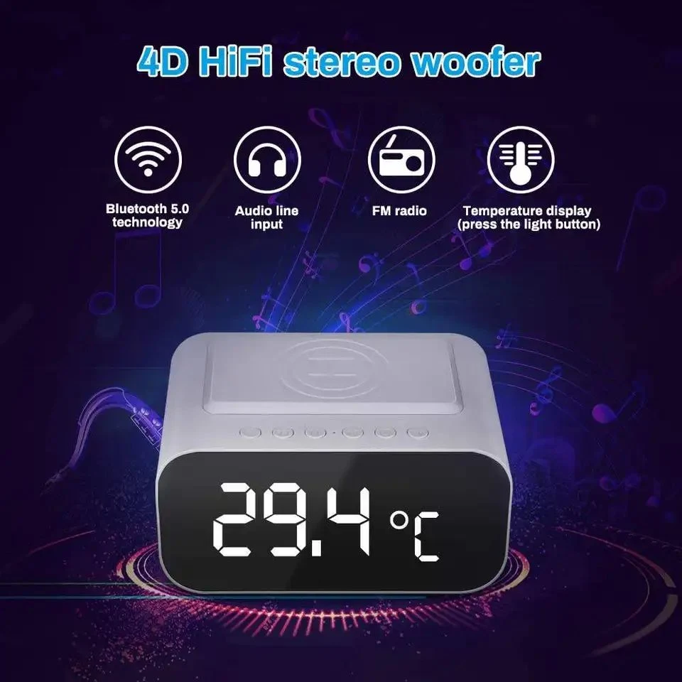 Cargador inalámbrico reloj digital de diseño moderno Bluetooths reloj altavoz con pantalla LED Radio reloj