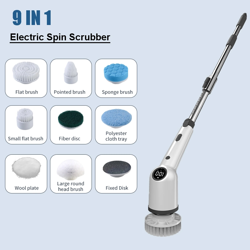 Multifunctional 9 in 1 Electric Spin Scrubber, Cordless Electric Cleaning Brush with Adjustable Extension Arm, for Bathroom, Shower, Tile, Floor, Car