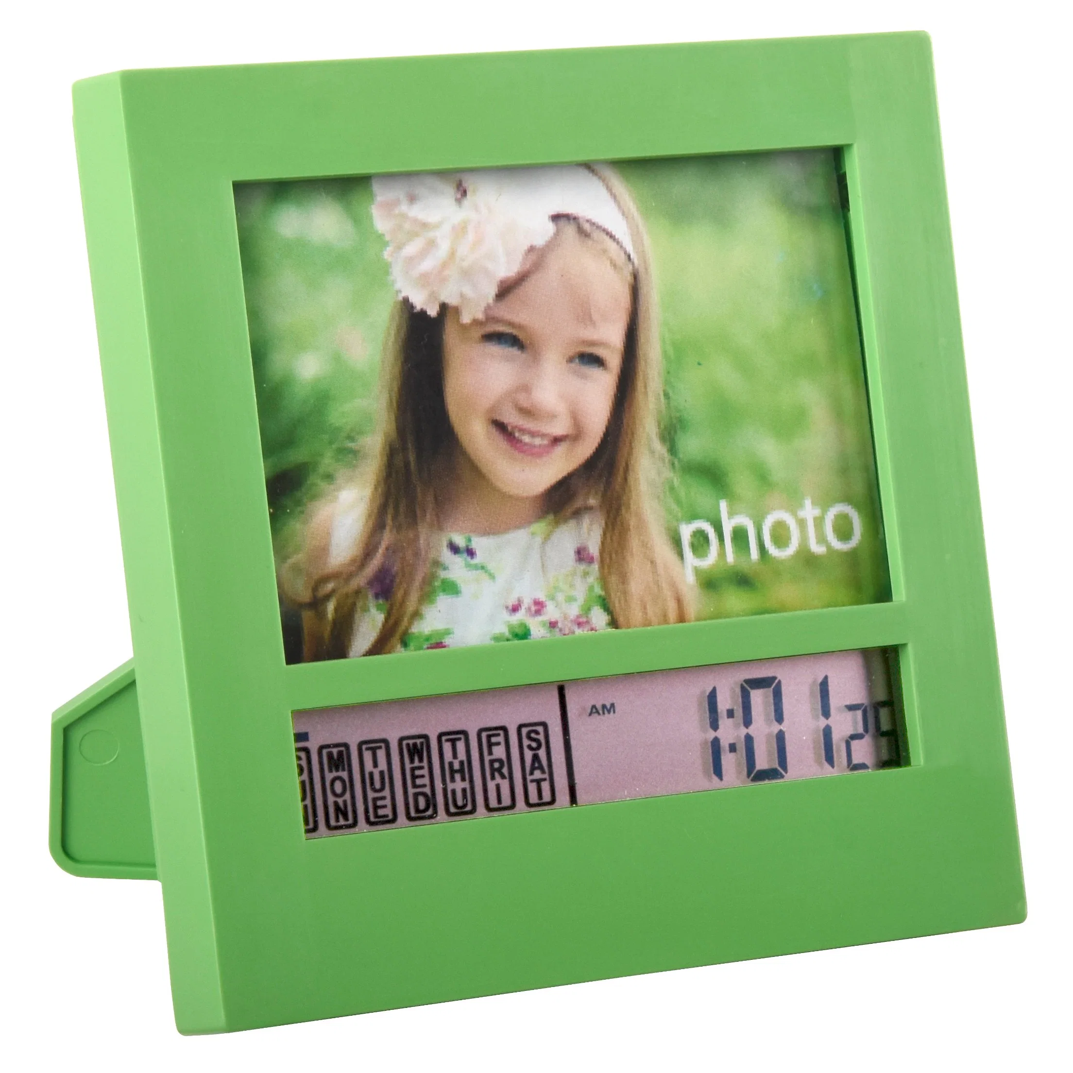 Marco de fotos pantalla LCD Mesa digital alarma Reloj de escritorio función posponer Calendario multicolor, batería operada