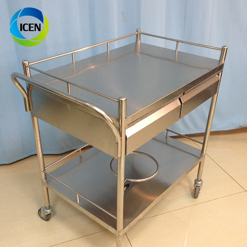 in-677 Stainless Steel Clinical Hospital Dressing Instrument Cart Trolley with 2 Drawer