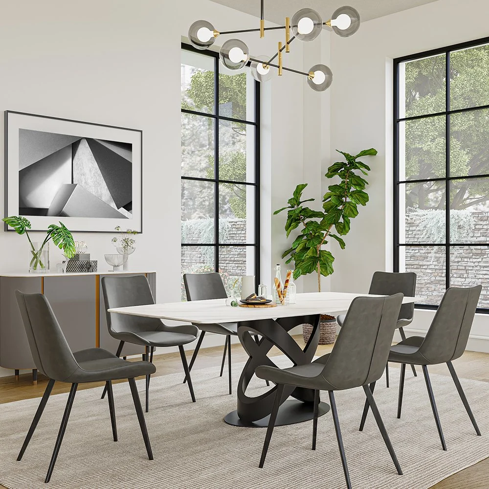 Povison Modern White Dining Table Sintered Stone Tabletop Kitchen Table Solid Black Carbon Steel Base 71"