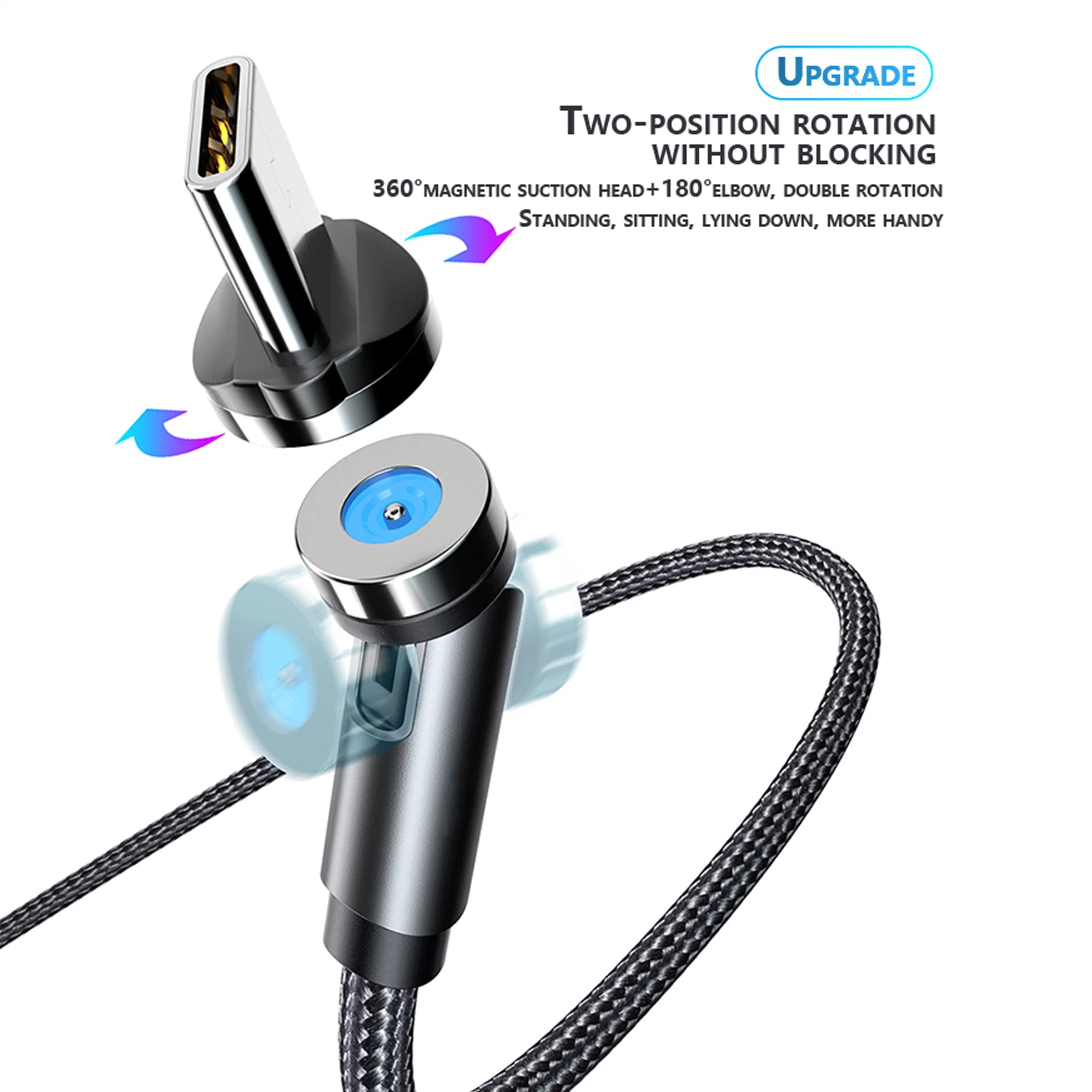 2ª generación de rotación de 540 Micro USB Tipo C Cable de carga magnética magnética trenzado Nylon Cable USB de carga rápida