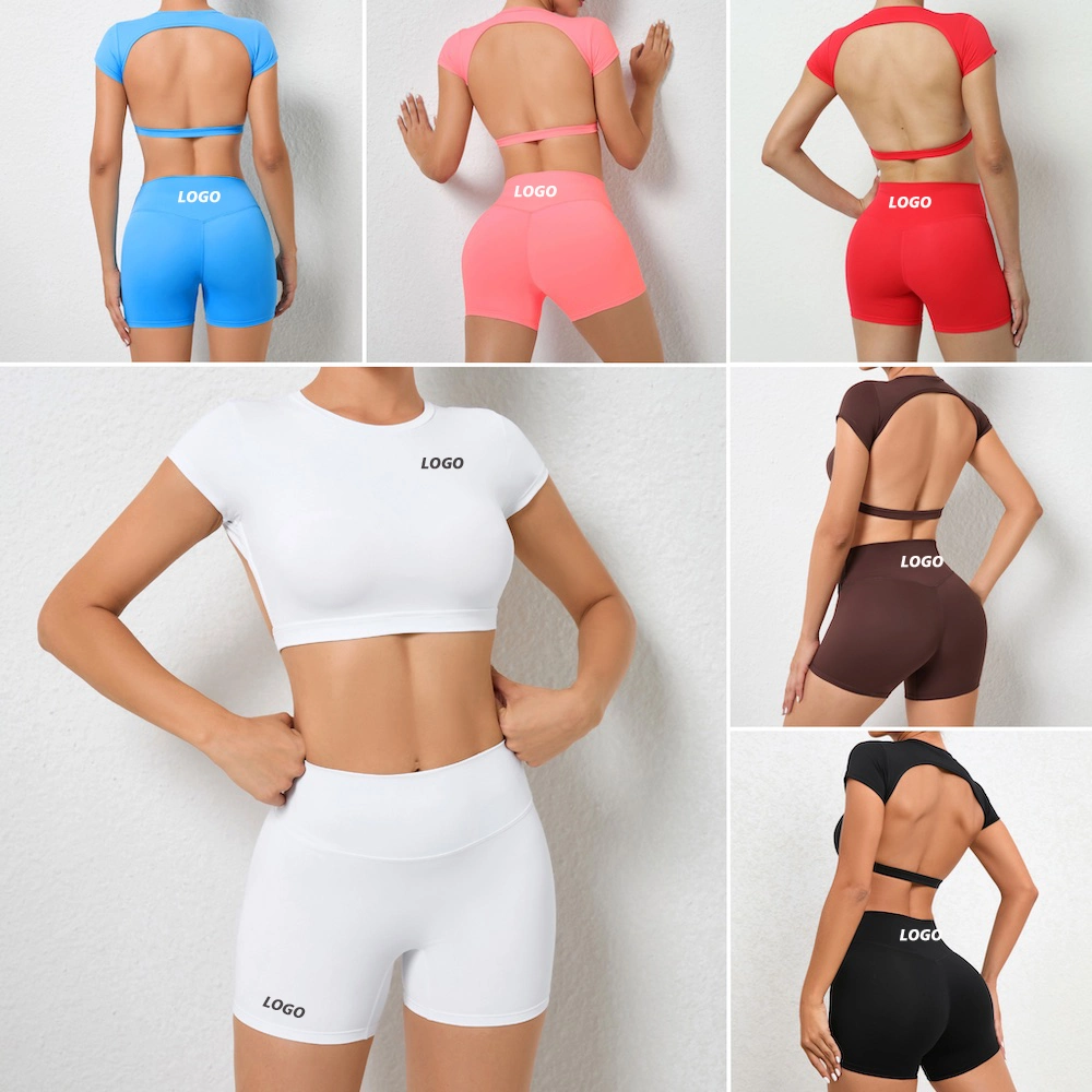 2 Piece New Design Lulu Style Sports Yoga Jogger Clothes for Women, Custom Matching Activewear Set Open Back Crop T-Shirts and Gym Fitness Athletic Apparel